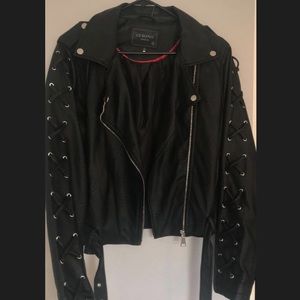 Faux leather jacket w/ Lace up sleeve design